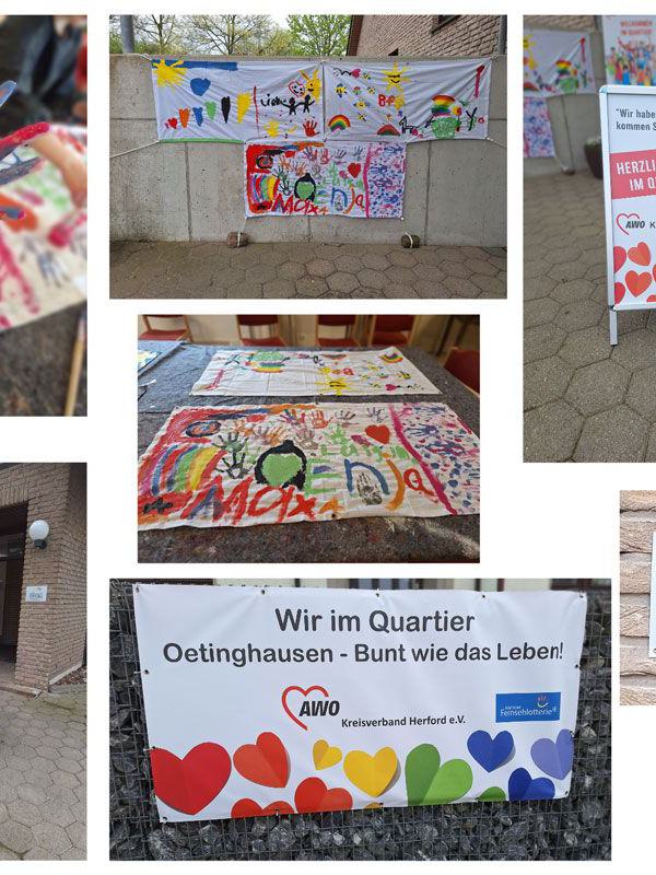 awo, quartierarbeit, gemeinschaft, kinderbilder, vielfalt, bunt, kreativität, oetinghausen, herford, banner, engagement
