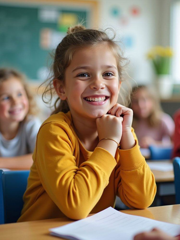 Lächeln, Mädchen, gelb,  Pullover, Klassenzimmer, Schreibtisch, KI, 
